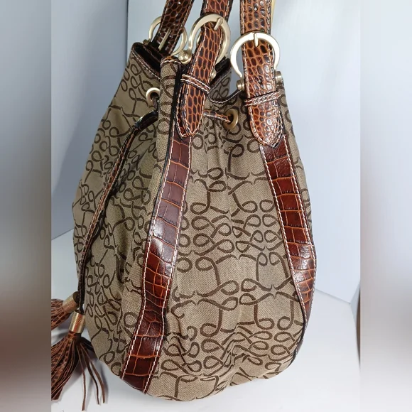 Lancel Canvas Monogram / leather brown crocodile bucket handbag - Picture 6 of 13